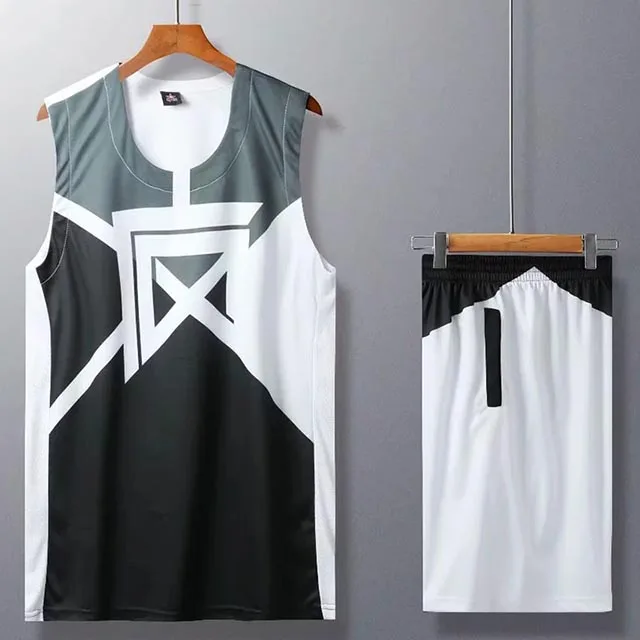 grey Men Basketball Jersey Sets Uniforms kits Side Pockets Sports clothing Breathable Youth Training basketball jerseys shorts - Цвет: grey
