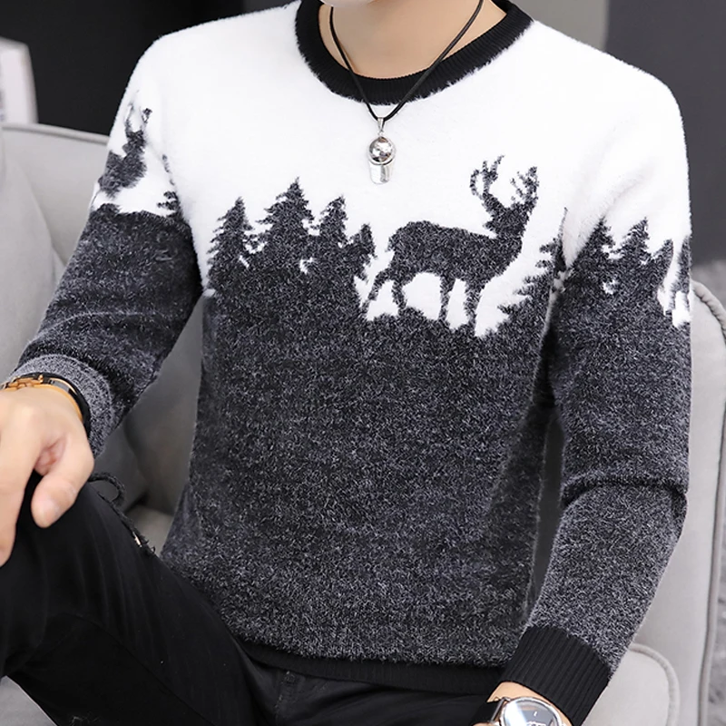 Осенне-зимний свитер мужской с принтом оленя Рождественский подарок трикотажный свитер Повседневный пуловер с длинными рукавами мужской Рождественский свитер 7868 - Цвет: Черный
