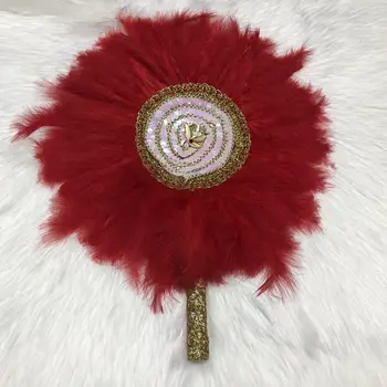 

1pcs African Red Turkey Feather Hand Fan Handmade Fans for Wedding Decoration Hand Fan with Sequins Single Side Feather Fan-30