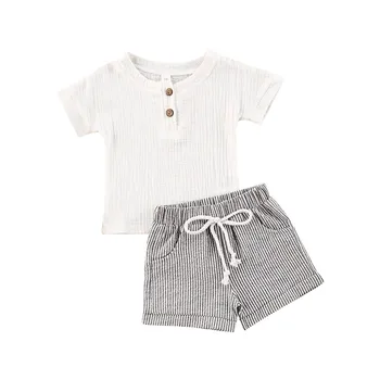 

Children Boys Summer Clothing Newborn Kids Baby Boys Girls Cotton Linen Button T-shirts Tops+Striped Shorts Pants 2PCS Outfits