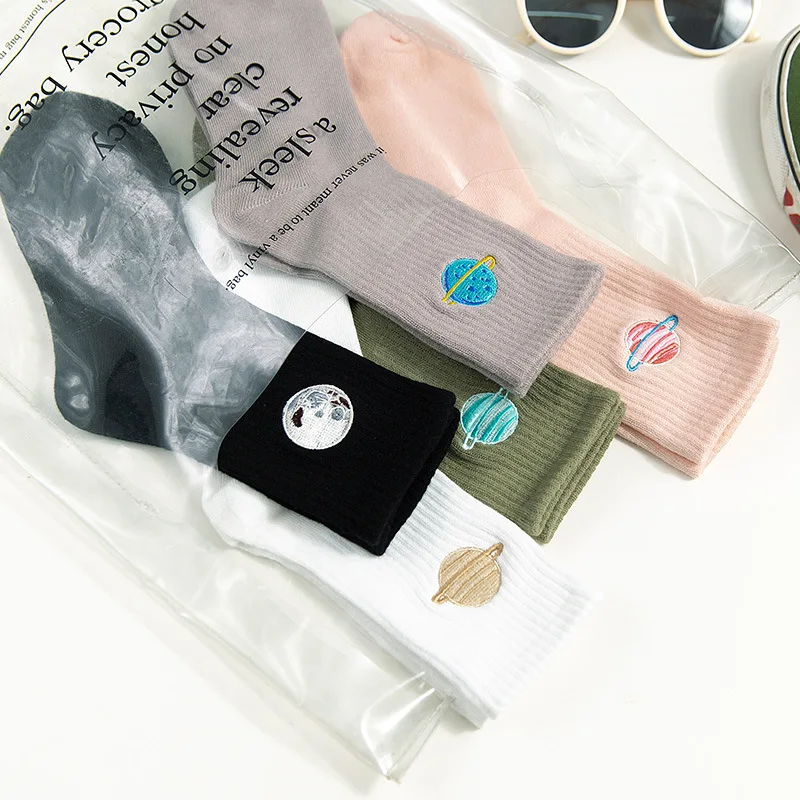 Хлопковые носки в стиле Харадзюку женские милые забавные носки с вышивкой в виде планеты женская уличная одежда зимние теплые носки Skarpetki Calcetines Mujer