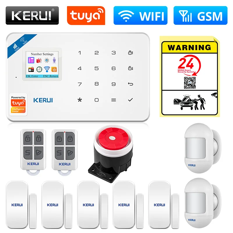 KERUI Tuya Smart WIFI GSM Security Alarm System Works With Alexa Home Burglar Motion Detector Smoke Door Window Sensor IP Camera elderly sos alarm Alarms & Sensors