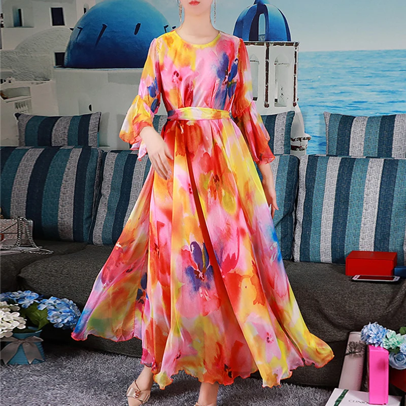 

New Summer Dress Women's Plus Size Bohemian Long Dress Fashion Lady's Loose Large Size Pringting Long Dress Plus Sizes Sundress