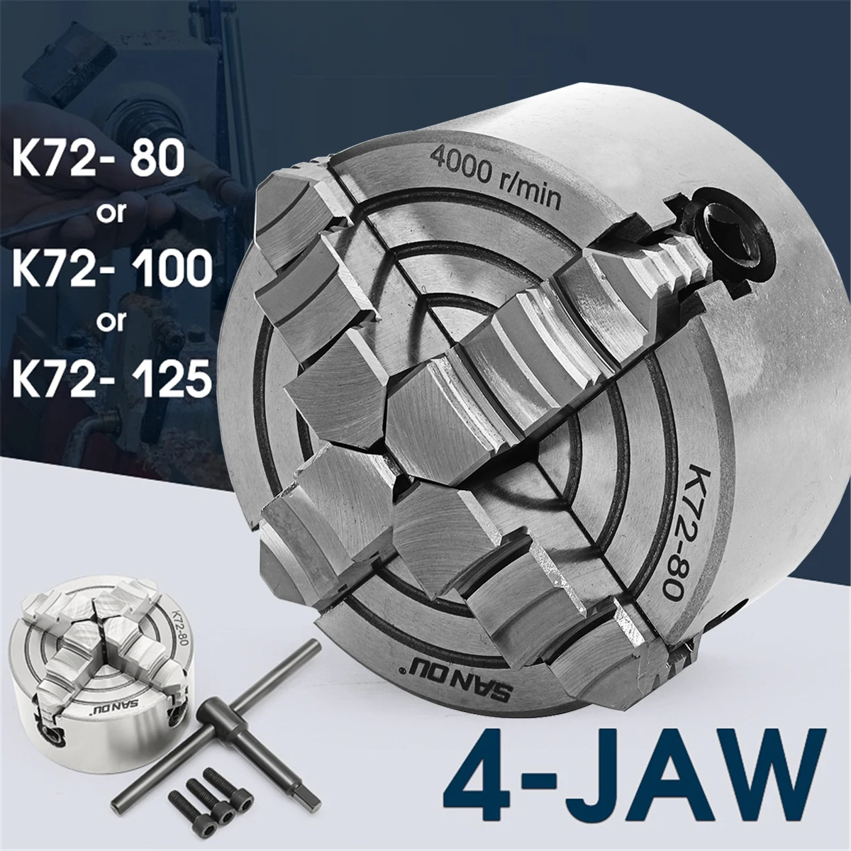 K72- 80/K72- 100/K72- 125 4 Jaw Lathe Chuck 80mm/100mm/125mm Independent 1pcs Safety Chuck Key 3pcs Mounting Bolt