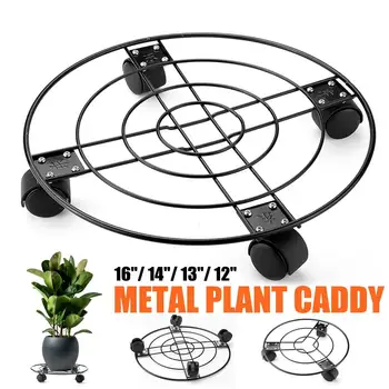 

4 Wheels Metal Round Flower Plant Pot Tray Heavy Planter Flowers Pot Mover Trolley Garden Tools Plate Stand Holder 4 Sizes Black