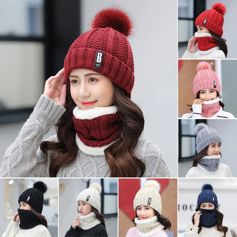 Intimate Design Women Winter Beanie PomPom Hat Thick Warm Soft Neck Warmer Knit Balaclava Soft Fabric Not Easy To Pilling