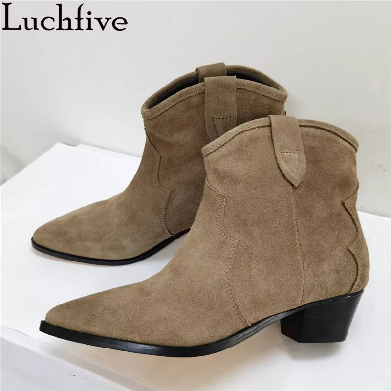 

Classic Chelsea Women Ankle Boots Suede Leather pointy toe chunky heel Ankle Boots Simple Comfortable Runway Cowboy Boots female