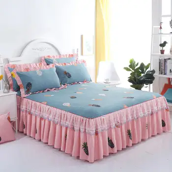 

3Pcs/Set Korean Princess Lace Double Lace Anti-skid Bed Skirt Lomi-Blue Bed Skirt +Pillowcase Twin Full Queen King bed