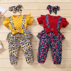 Ensemble de vêtements pour nouveau né fille, barboteuse à manches courtes, haut à nœud Floral, pantalon Long, bandeau, 3 pièces 