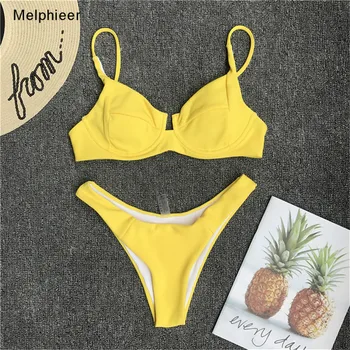 

Melphieer bikini 2020 summer ribbed yellow bikinis set wired push up swimsuit brazilian swimwear women swimming bathig suit swim