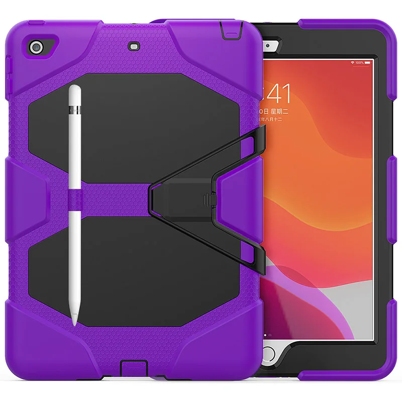 Чехол для iPad 10,2 7th Gen A2200 A2197 Funda Tablet противоударный жесткий чехол сверхпрочный силиконовый чехол-подставка держатель для ручки - Цвет: Purple