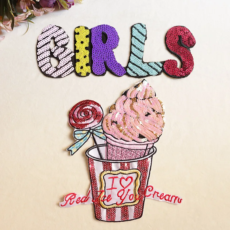 Tanie Iron on Sequins Patches I Love Ice Cream Girls Letters