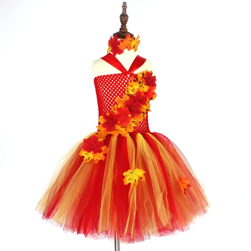 Fall Autumn Girls Tutu Dress Kids Maple Leaves Dress Up Halloween Costume Fancy Birthday Party Carnival Thanksgiving Dresses (9)