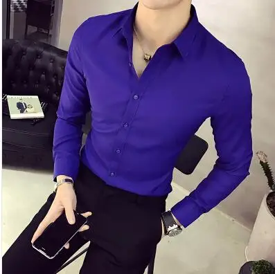 Sapphire blue Для мужчин чистый хлопковая рубашка Slim Fit модная одежда с длинными рукавами, повседневные рубашки для работы Для мужчин рубашки Высокое качество Camisas - Цвет: Sapphire blue