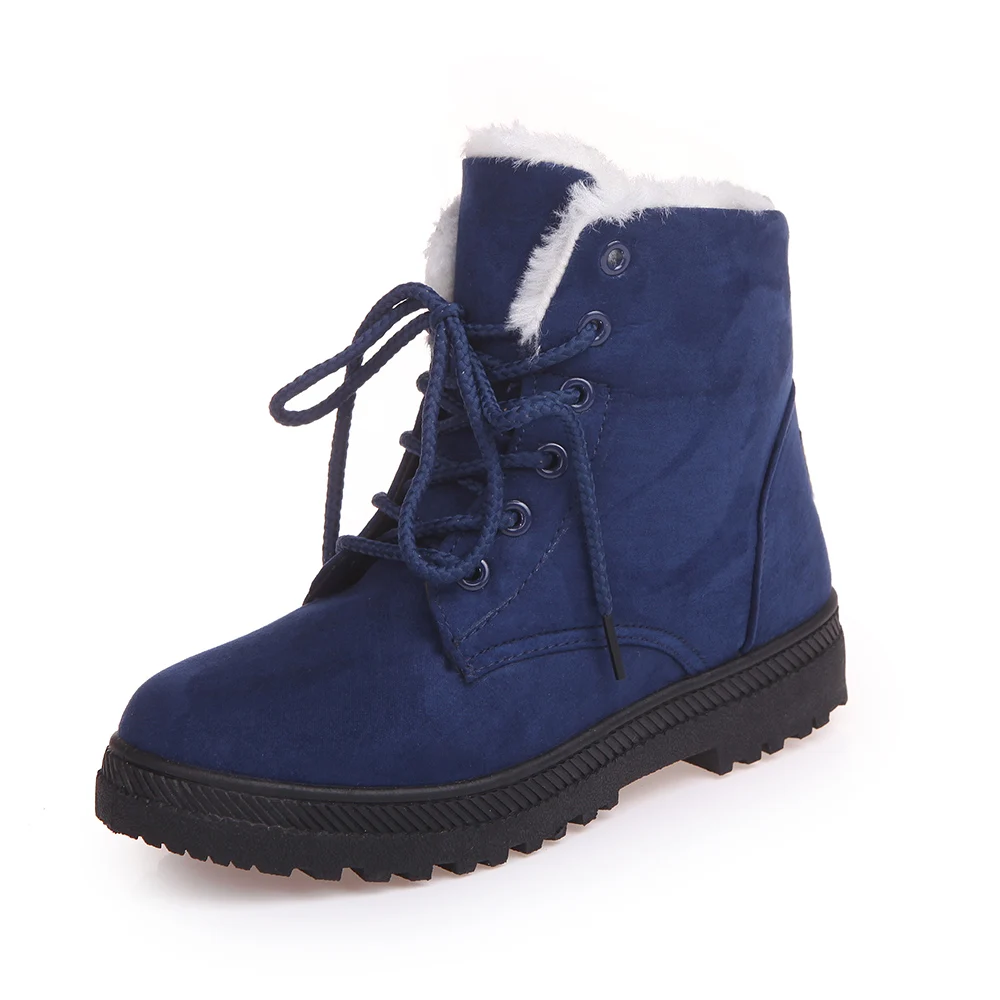 Женские зимние ботинки; зимние теплые плюшевые ботильоны на квадратном каблуке для женщин; Повседневная зимняя женская обувь из флока на шнуровке; большой размер 44 - Цвет: Синий