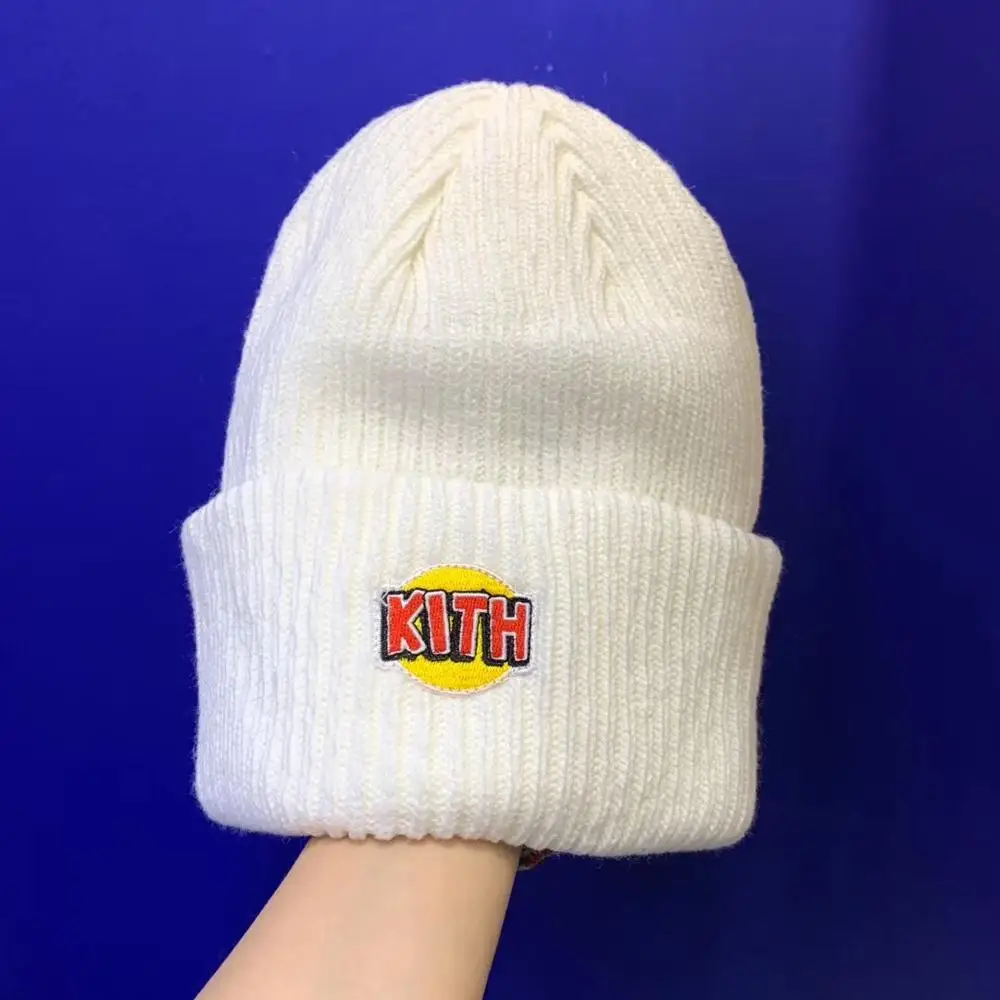 Белый KITH вышивка зимние шапки бини для женщин мужчин без полей часы Docker череп кепки капот вязаные хип хоп Акриловые с манжетами Skullies - Цвет: Белый