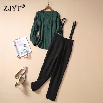 

High Quality Fashion Women's Runway Set Spring 2020 New Elegant Office Lady Two Piece Outfits Embroidery Blouse and Pants Suit