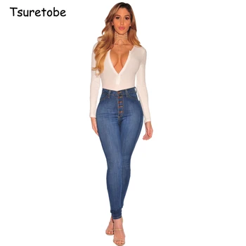 

Tsuretobe Bodycon High Waist Blue Jeans Buttons Women High Elastic Denim Pencil Pants Ladies Stretch Jeans Mujer Femme Trousers
