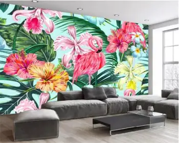 

2019 new stereoscopic wall paper North European Abstract hand painted Flamingo banana leaf TV background 3d wallpaper