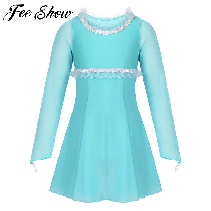 Детское платье с блестками и с оборками с длинными рукавами, для гимнастики, балета, Леопардовый Костюм для танцевального конкурса для фигурного катания, платье