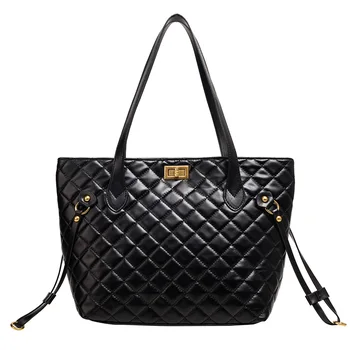 

High quality PU checked ladies handbag with contrasting color trim tote bag stylish ladies bag 2019 designer brand large capacit