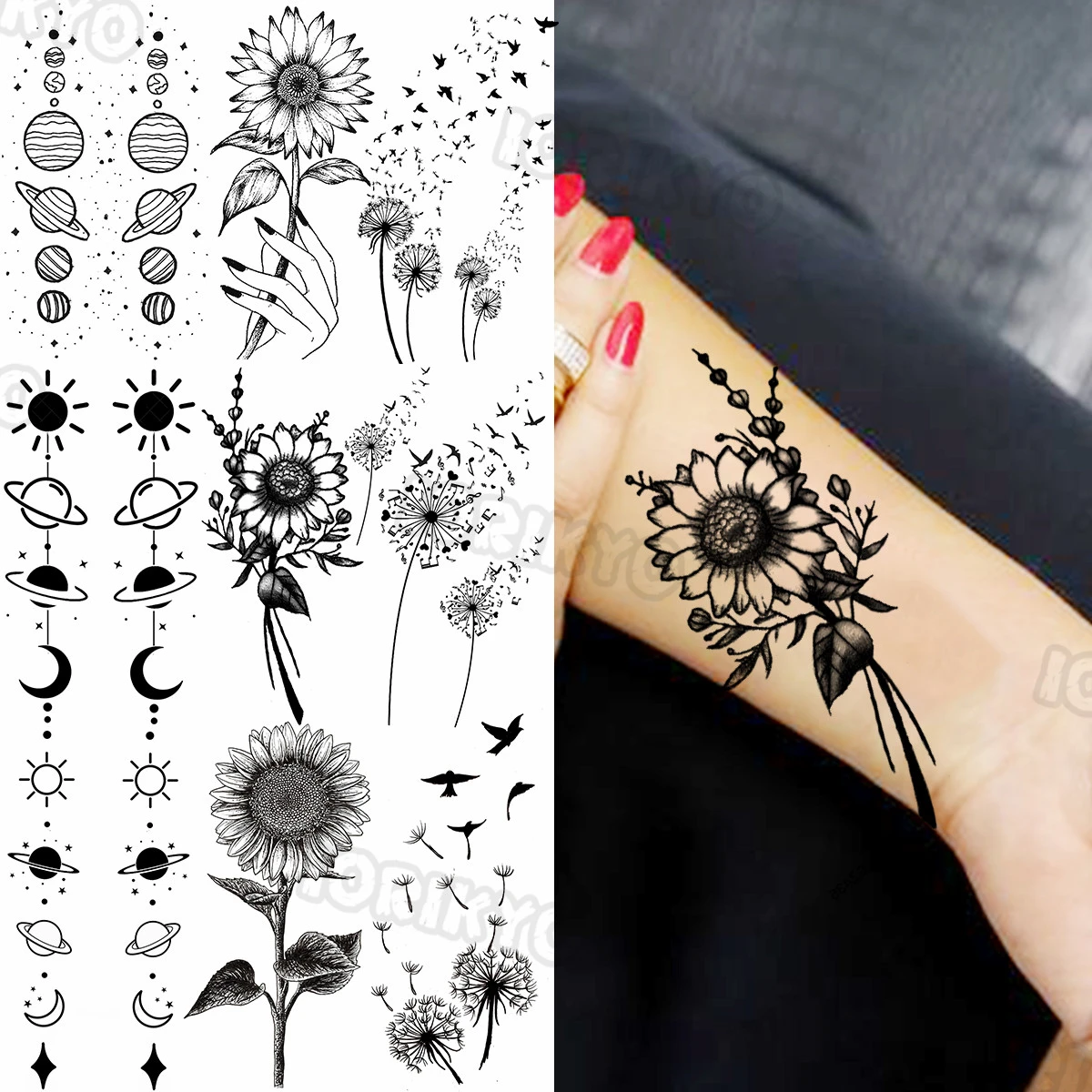 Tatouage Fleur De Pissenlit Avant Bras Faux tatouages temporaires de tournesol noir pour femmes adultes,  autocollant de pissenlit cosmique réaliste, pour avant bras, jambes |  AliExpress