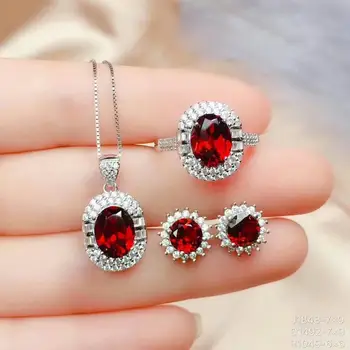 

925 sterling silver real Natural garnet Jewelry Sets rings pendants earrings send necklace fine new women gift ctz07090606ags