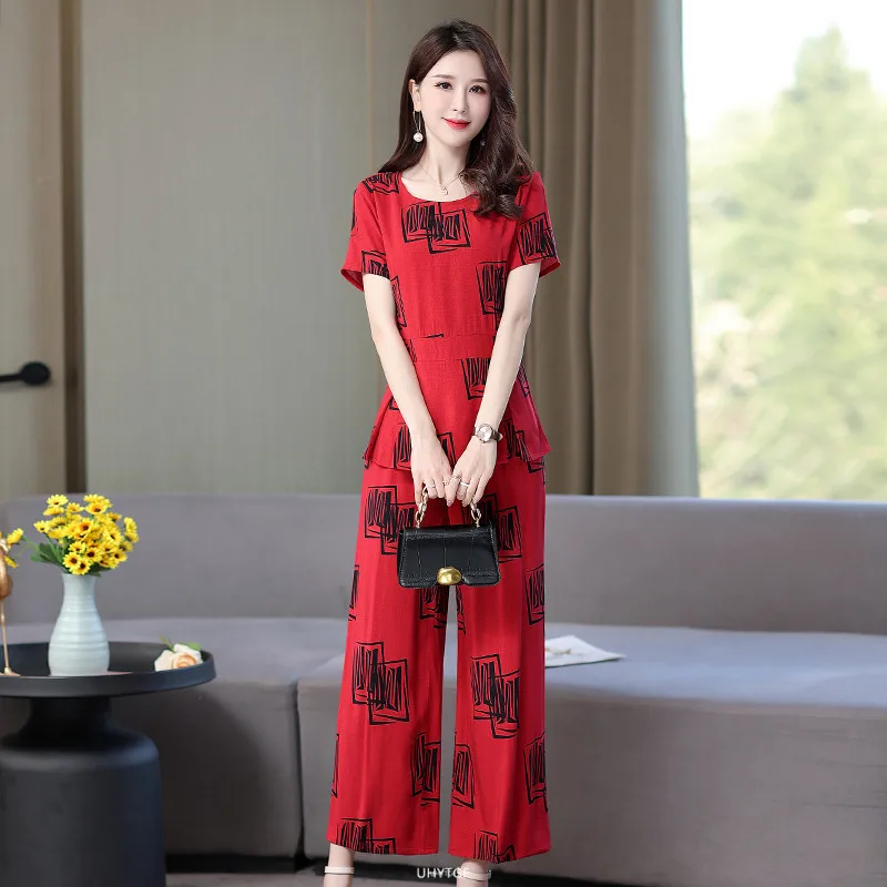 UHYTGF Cotton Silk 2 Pieces Sets Women's Summer Suit Fashion 5XL Loose Size Thin Two-Piece Sets Short Tops+Pants Tracksuit 1427
