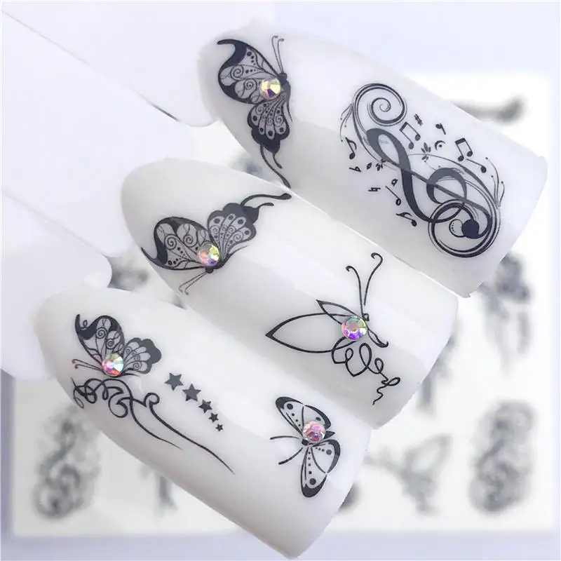 LCJ 1 шт., Горячая наклейка для ногтей, черная бабочка, примечание, красота, водная переводная штамповка, наклейки для ногтей, декор для ногтей, наклейка для маникюра