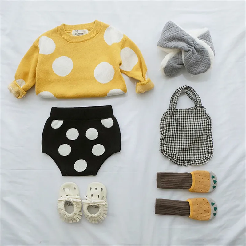 Корейские свитера в горошек для маленьких девочек; вязаные топы для маленьких мальчиков; сезон осень-зима; милый Повседневный хлопковый свитер для малышей; Детский Теплый свитер