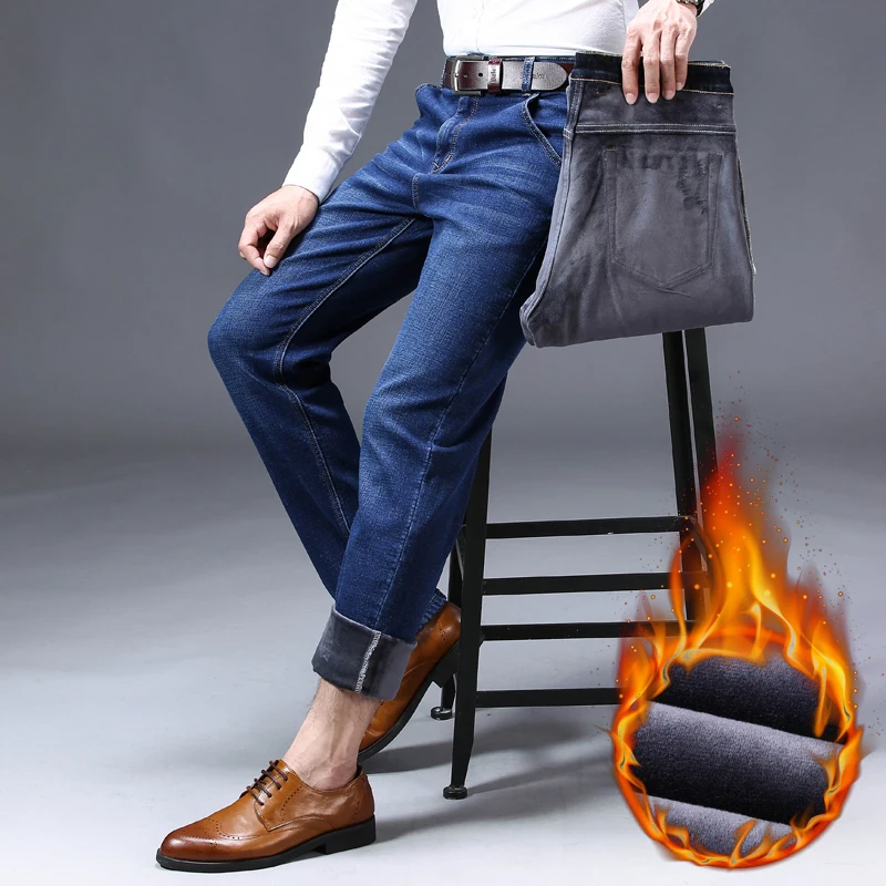 Зимние новые мужские теплые черные джинсы в классическом стиле, деловая мода, облегающие Стрейчевые джинсовые брюки мужские брендовые плотные штаны