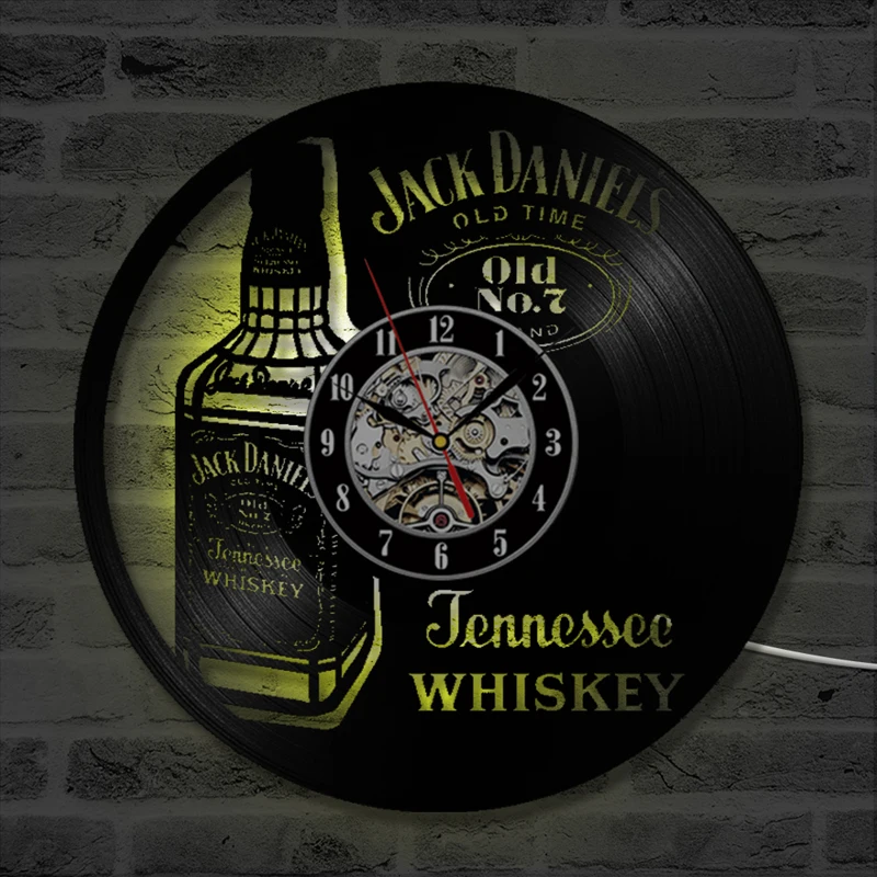 A Bottle of Whiskey Beer Wall Clock Modern Design Vintage Vinyl Record Clocks LED Lighting Wall Watch Home Decor for Beer