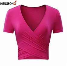 Женская рубашка для йоги, укороченные топы, высокая растягивающаяся передняя крестовина, глубокий v-образный вырез, Спортивная рубашка для спортзала, женская рубашка для фитнеса, бега, спортивная одежда