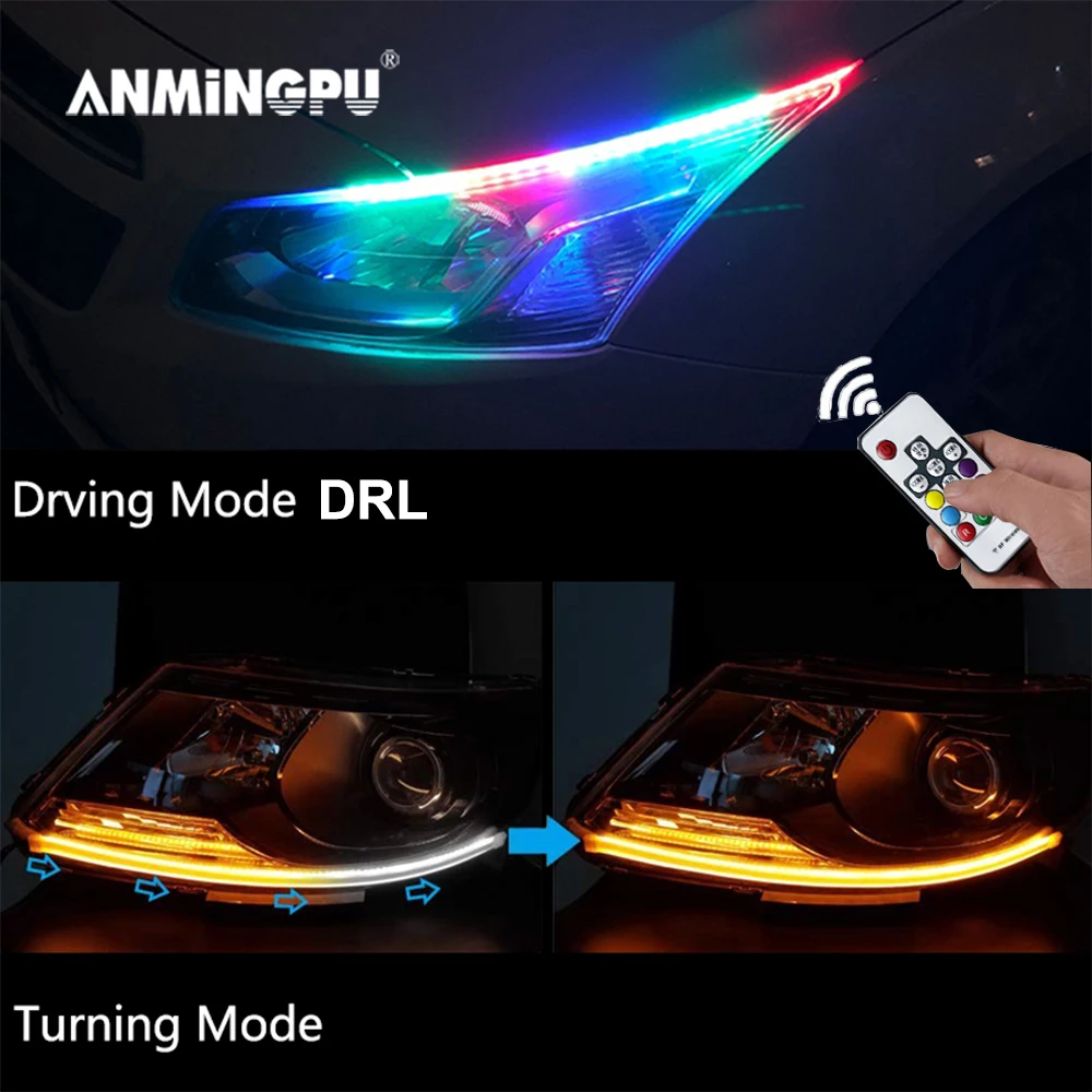 

ANMINGPU 1 Pair Universal RGB LED DRL Yellow Turn Signal Light DC 12V Flexible DRL LED Daytime Running Light for Car Headlights