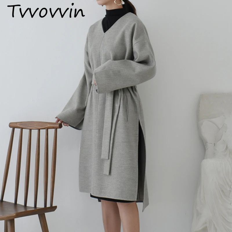 

TVVOVVIN 2019 New Spring Winter V-collar Long Sleeve Gray Irregular Hem Big Size Bandage Woolen Dress Women Fashion Tide C606
