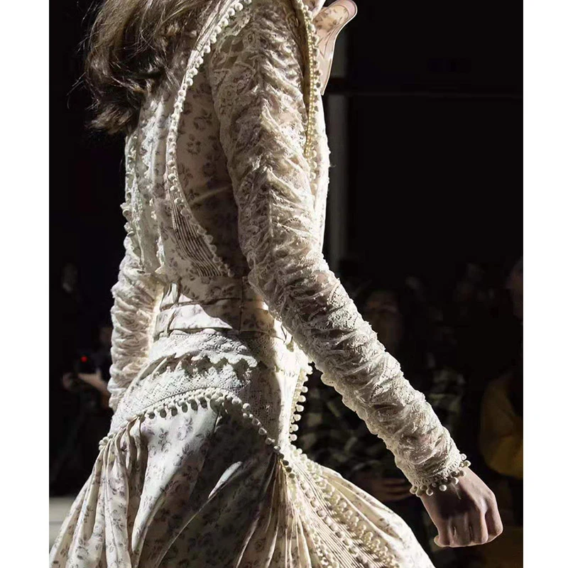 

Cosmicchic Runway Designer 2019 Print Dress Stand Collar Long Sleeve Botton Vintage Vestidos Lace Irregular Elegant Boho Dress