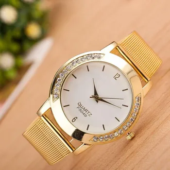 

Luxury Fashion Women Crystal Golden Stainless Steel Band Analog Quartz Wrist Watch Alloy Simple Female Clock relogio feminino