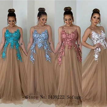 

Colorful Pleat Tulle Evening Dresses Prom Spaghetti Party Appliques Vestidos De Fiesta De Noche Robe De Soiree Plus