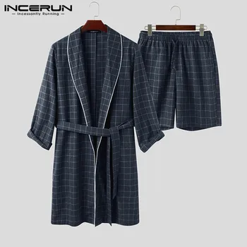 

INCERUN Men Plaid Sleep Robe Sets Long Sleeve Cardigan With Belt Robes Drawstring Shorts Sleepwear Suits Men Homwear Sets S-5XL