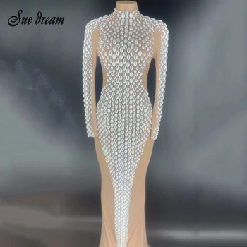 

2020 Sexy Women's Khaki Pearl Turtleneck Long Sleeve Split Long Dress Party Costume Nightclub Singer DJ Dance Costume DS Dress