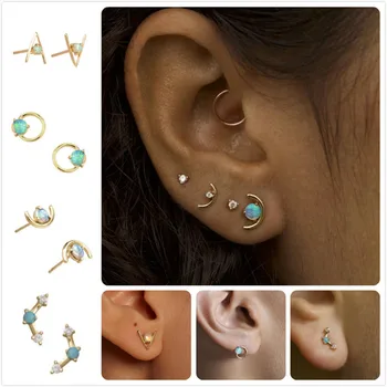 

Natural opal earrings for women wedding zircon crystal stone earring small white fire opal earrings girl letter moon aretes R5