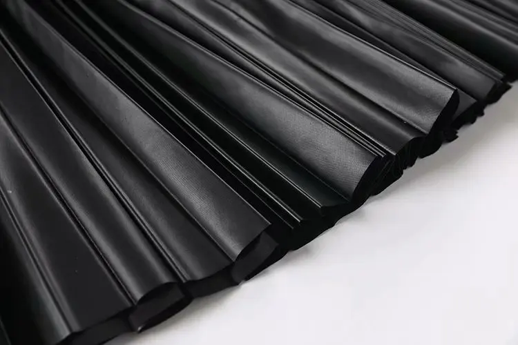 2020 New Fashion Womens Pleated Skirt High Waist Loose Faux Leather Skirts Black Casual Belt Zipper Streetwear Autumn Skirt