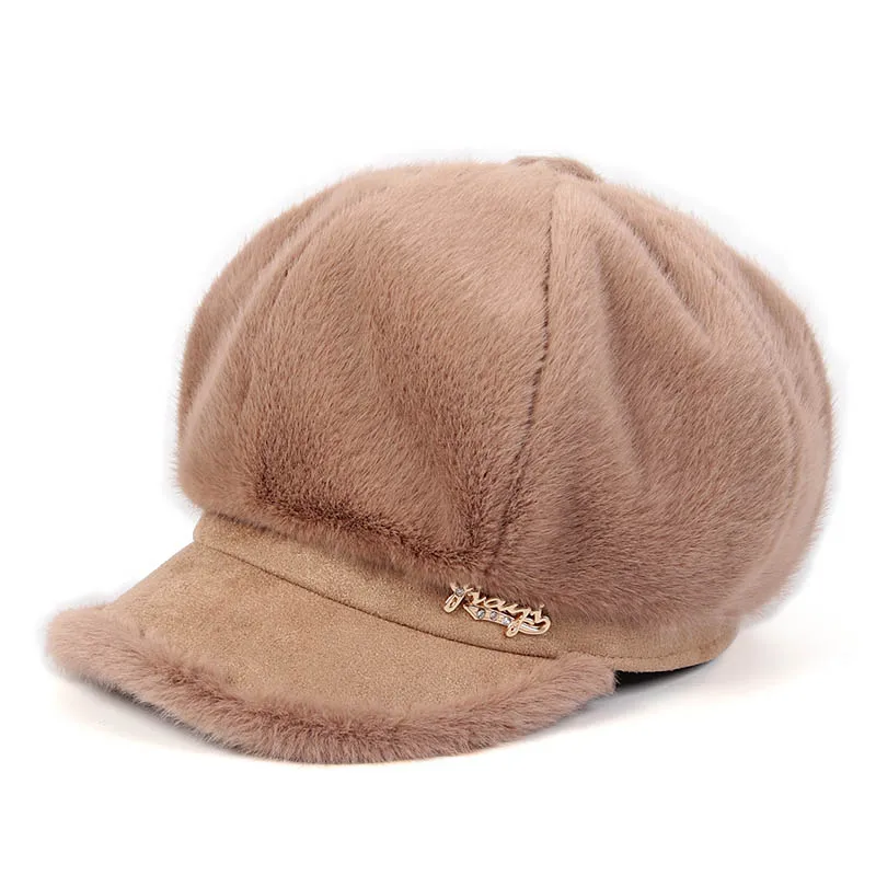 Осень, зимняя женская кепка Newsboy, casquette gavroche femme, искусственный мех кролика, плюшевая Корейская восьмиугольная бейсболка, берет для женщин