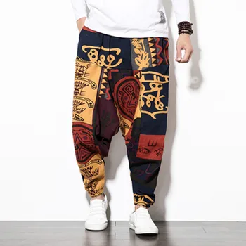 

2019 Sinicism Cotton Linen Harem Pants Men SweatPants Mens Crotch Wide Leg Baggy Pants Casual Loose Boho printing Trousers S-5XL