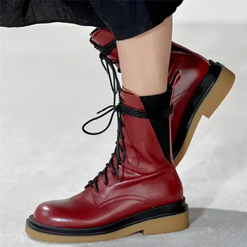 

High Top Platform Oxfords Shoes Women Lace Up Genuine Leather Low Heels Ankle Boots Female Round Toe Riding Boots Casual Shoes