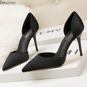 

Korean Fashion Elegant Women's Shoes Temperament High Heels Stiletto Pointed Satin Middle Hollow Single Shoes Party Dress Pumps