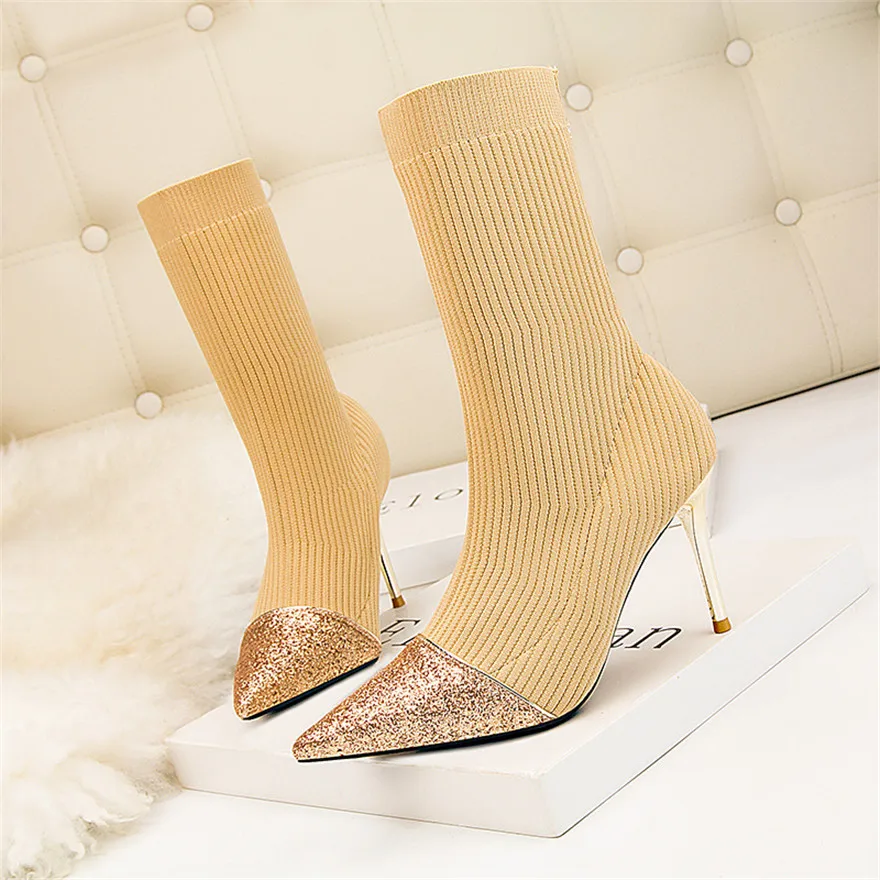 

Sexy Sock Boots Knitting Stretch Skinny Boots High Heel 9cm Women Fashion Shoes 2024 Autumn Female Bling Pointed Toe Short Boots