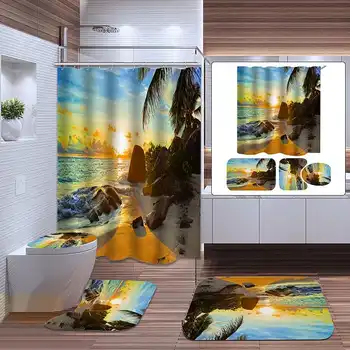 

Sunset Beach Polyester Shower Curtain Bathroom Waterproof Bath Mats with 10 Hos Pedestal Rug Lid Toilet Cover Bath Mat Set