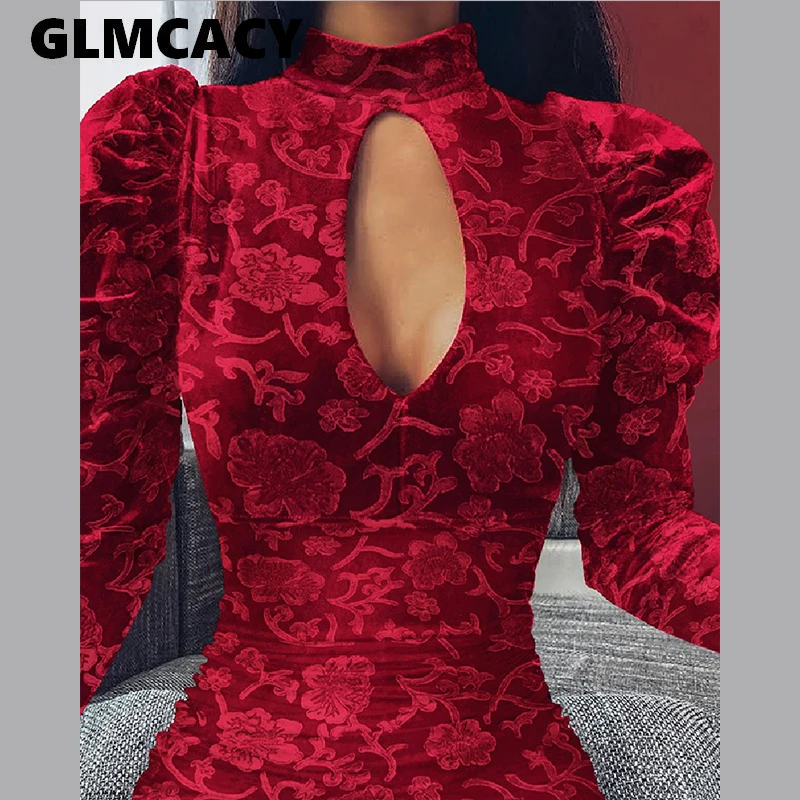 Women Mock Neck Embroidery Keyhole Mini Dress Sexy Hollow Out Long Sleeve Bodycon Mini Party Solid Dress Vestidos