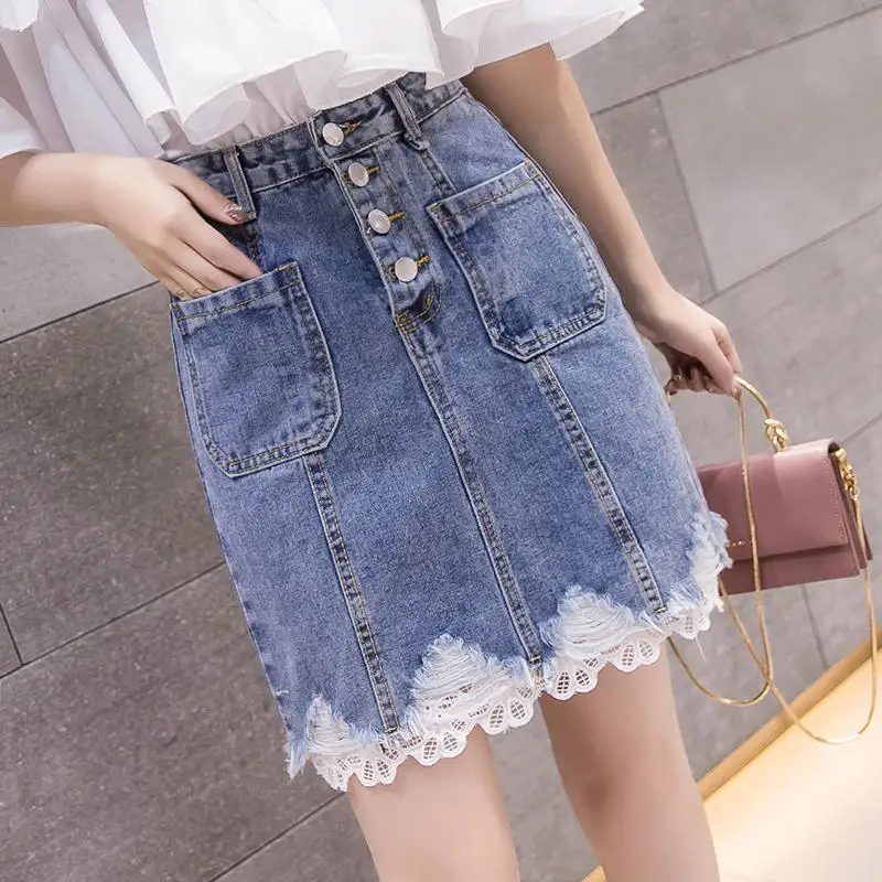 

Lace Fashion Women Denim Skirts Spring and Summer Newest Ladies Knee Length High Waist Skirts A-line Flower Women Skirts